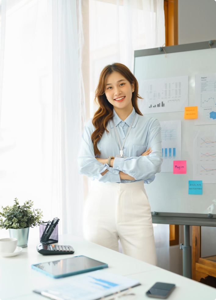 It is an women image standing in office outfit